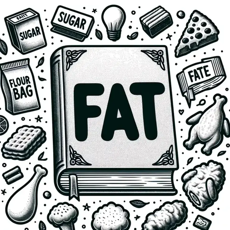 Foods that make you fat are listed around a book labeled FAT.