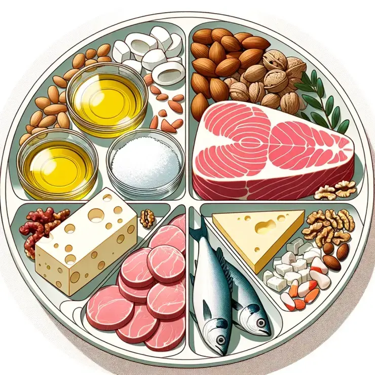 Plates of fish, nuts, and olive oil, which are rich in unsaturated fats.