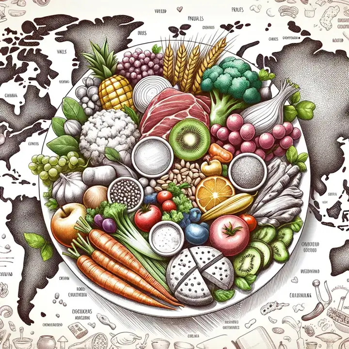 a meal plate that beautifully showcases a balanced mix of fruits, vegetables, grains, and meats. Behind the plate, a world map emphasizes the variety of global culinary practices.