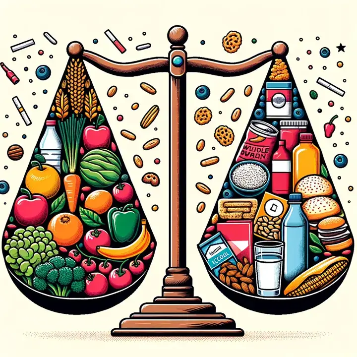 One side showcases wholesome foods like fruits, veggies, whole grains, and a glass of water. The other side displays items like processed snacks, cigarettes, and alcohol, emphasizing the tug-of-war between healthy and unhealthy choices.