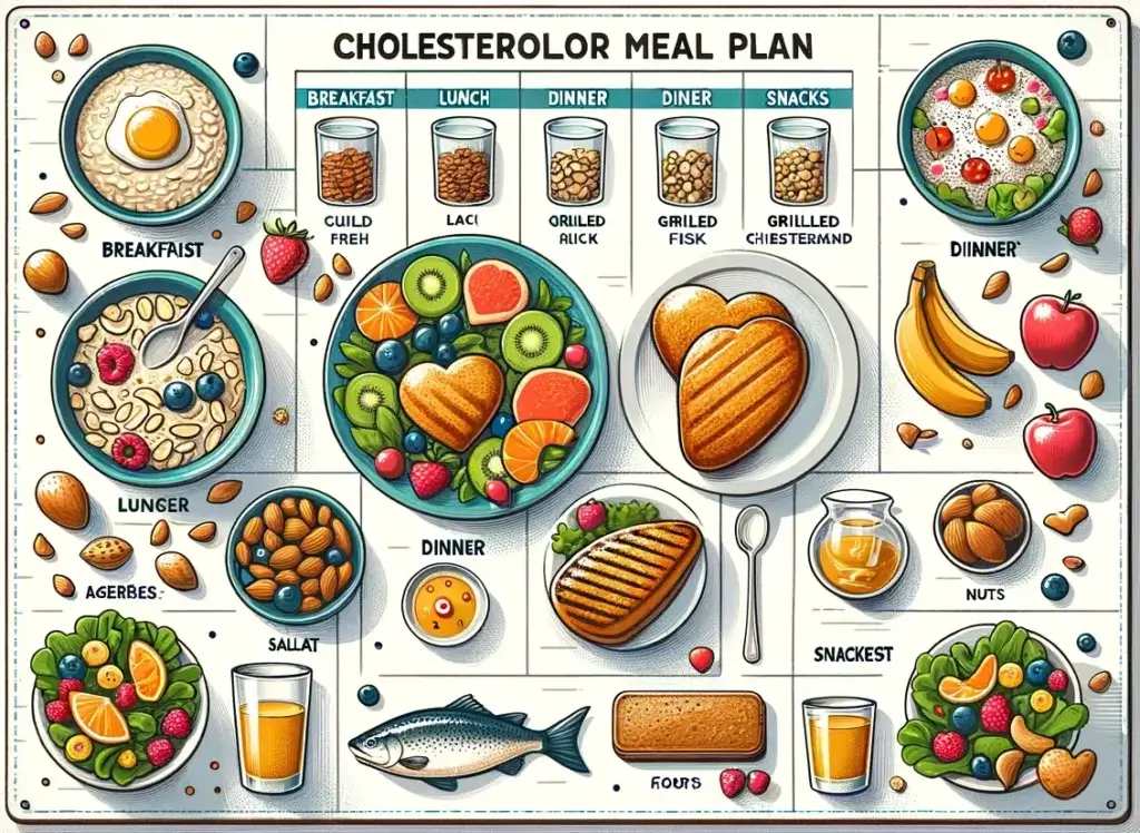 an image of a balanced daily meal plan for cholesterol management. The image should feature breakfast, lunch, dinner, and snack options, each represented with healthy food choices. The breakfast could include oatmeal with fruits, lunch might be a salad with grilled chicken, dinner could feature grilled fish with vegetables, and snacks might include nuts and yogurt. The layout should be attractive and informative, presenting each meal and snack in a clear, visually appealing way that emphasizes their health benefits.