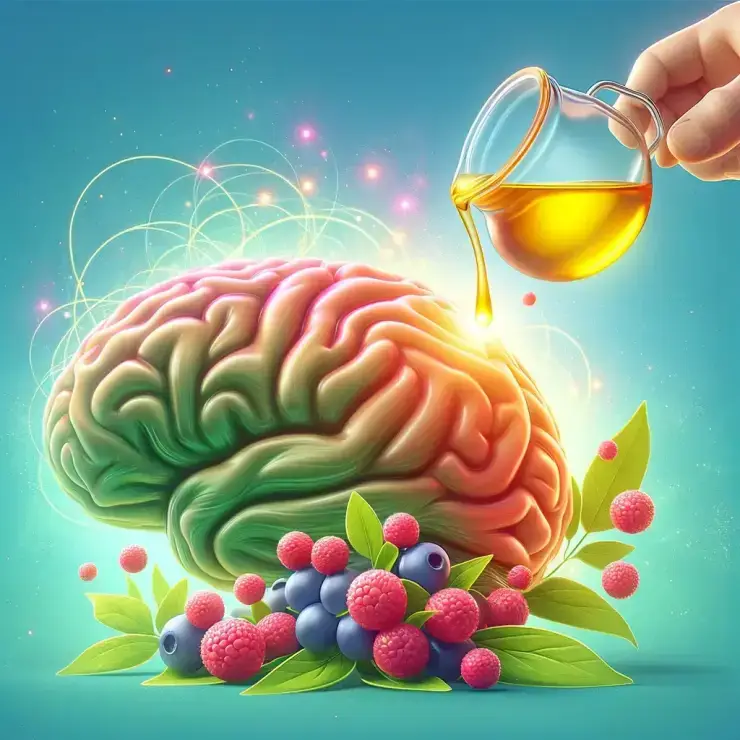 A lively and healthy atmosphere depicted in an illustration where a brain model interacts with perilla oil. The brain appears vibrant and well-nourished, symbolizing the positive effects of perilla oil on brain health. The image should convey a sense of vitality and wellness, with the brain and perilla oil as the central elements.