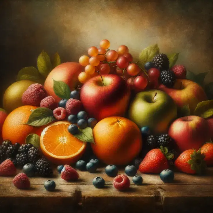 A still life painting style image featuring a collection of fruits with low glycemic index. The composition includes apples, berries, and oranges, arranged artistically. The scene is set on a rustic wooden table with a soft, warm background, creating a cozy and inviting atmosphere. The image captures the essence of traditional still life art, focusing on the natural beauty and colors of the fruits without any text or nutritional information.