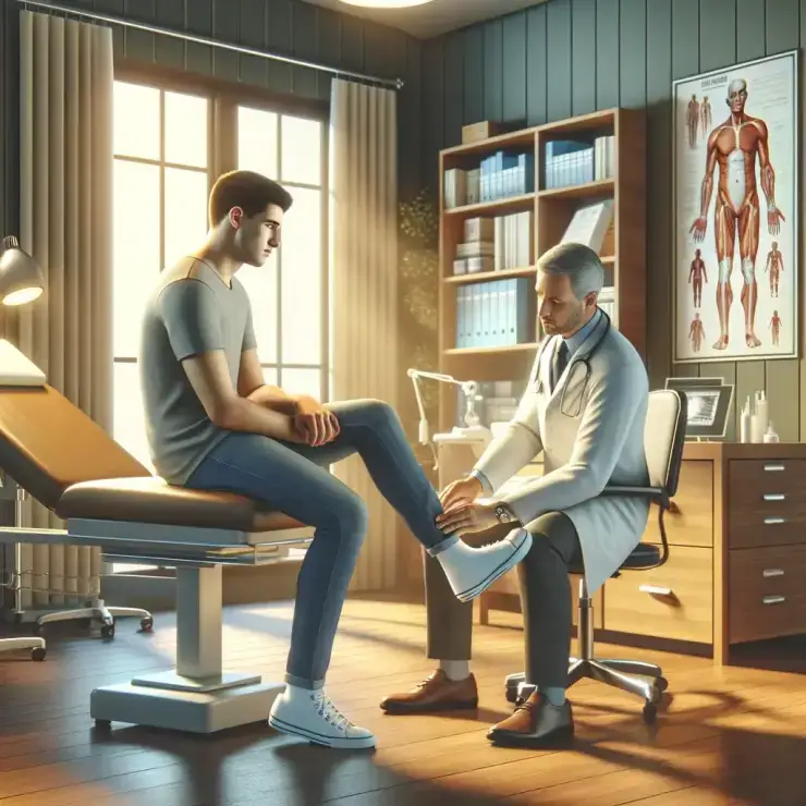 Depict a modern and clean doctor's office where a doctor is examining a patient's ankle in the center of the room, with the patient showing an expression of relief. The interior of the office should be detailed, conveying warmth and a sense of security with the use of colors. The room should include medical equipment that reflects the latest technology, and medical posters or charts should be visible in the office.