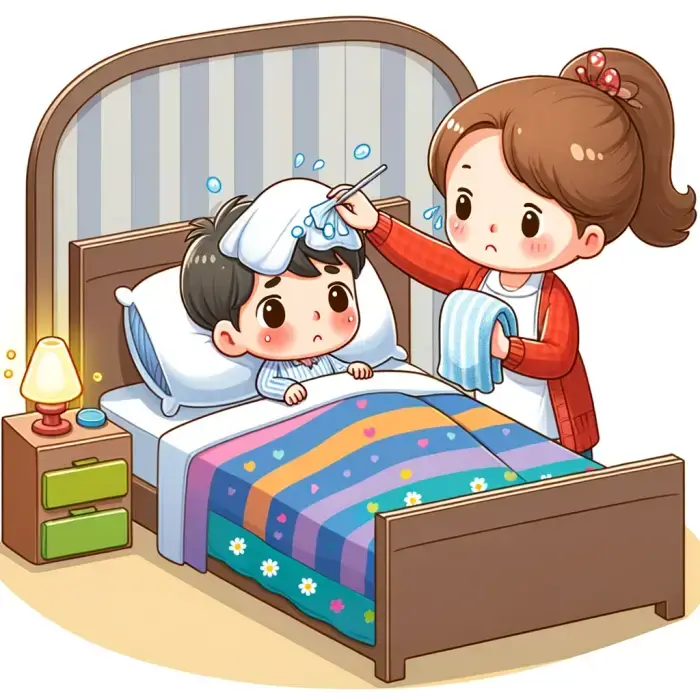 Here is the cartoon-style illustration you requested, showing a child with a fever lying in bed and a mother wringing out a wet towel, with a folded towel on the child's forehead.