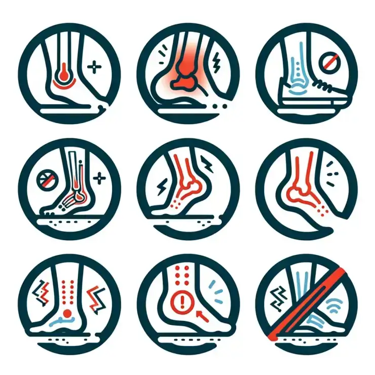 A series of five icons in a clean, clear line art style, arranged in order. Each icon represents a symptom of ankle sprain.