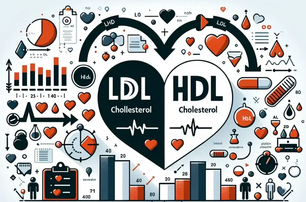 a simplified infographic that explains the basics of cholesterol, focusing on the difference between LDL (bad) cholesterol and HDL (good) cholesterol. The infographic should use symbolic images and easy-to-understand graphics that are straightforward and easy to comprehend. It could feature simple icons representing LDL and HDL, with basic arrows or scales to illustrate their effects on heart health. The design should be minimalistic, ensuring the concept is clear and accessible to a general audience.