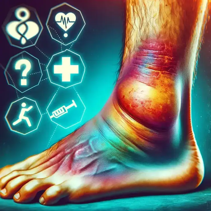 A close-up image of a swollen and bruised ankle where the bruised and swollen areas are depicted with clarity. Use vivid and strong colors to emphasize the severity of the injury but maintain a level of expression that is not unpleasant. Overlay the image with symbols like a question mark and medical icons to suggest inquiry and the medical nature of the injury.