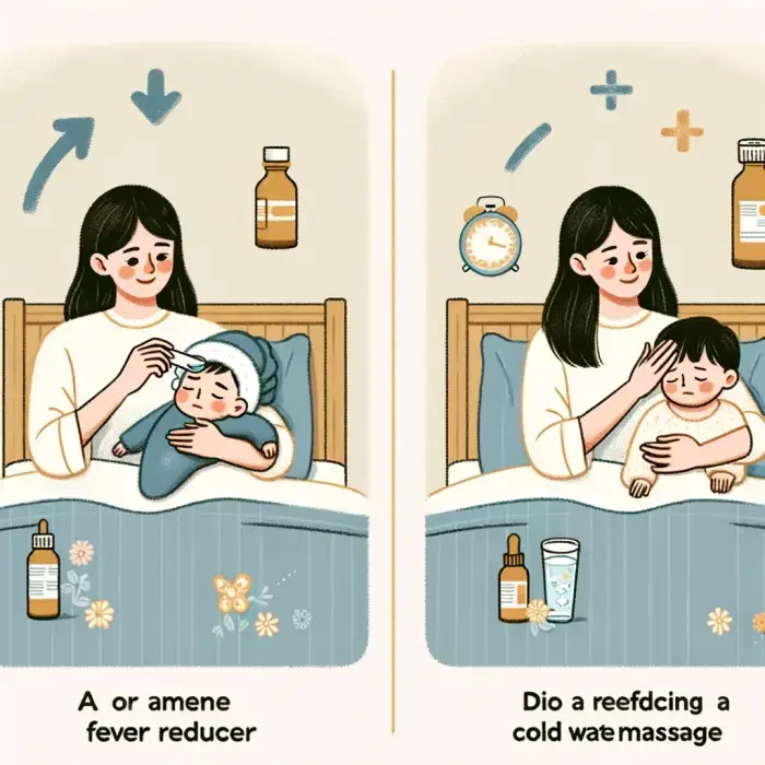 Here is the infographic-style illustration you requested, showing a mother giving her child a fever reducer and doing a cold water massage, comparing these two methods of fever management.