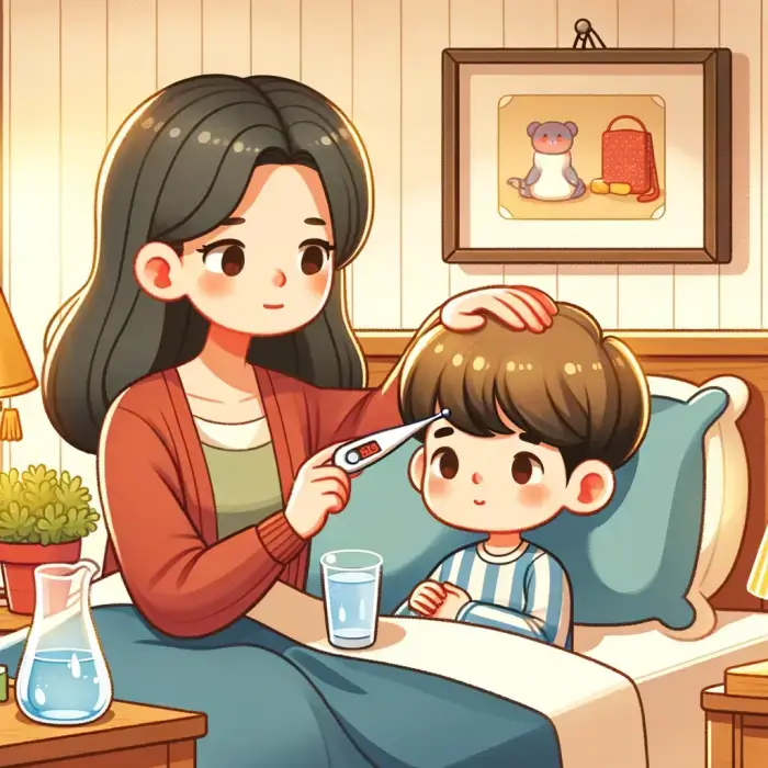 Here is the illustration depicting a mother checking her child's temperature and ensuring the child is well-hydrated.