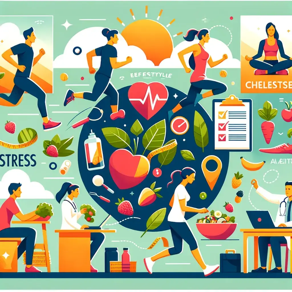 an image depicting lifestyle habits for cholesterol management in a positive and motivational style. The image should show people engaging in exercise, eating healthy meals, managing stress, and attending regular health check-ups. It could feature a person jogging, another enjoying a salad, someone practicing meditation or yoga for stress relief, and a person at a health check-up. The overall tone should be upbeat and inspiring, encouraging viewers to adopt these healthy habits.