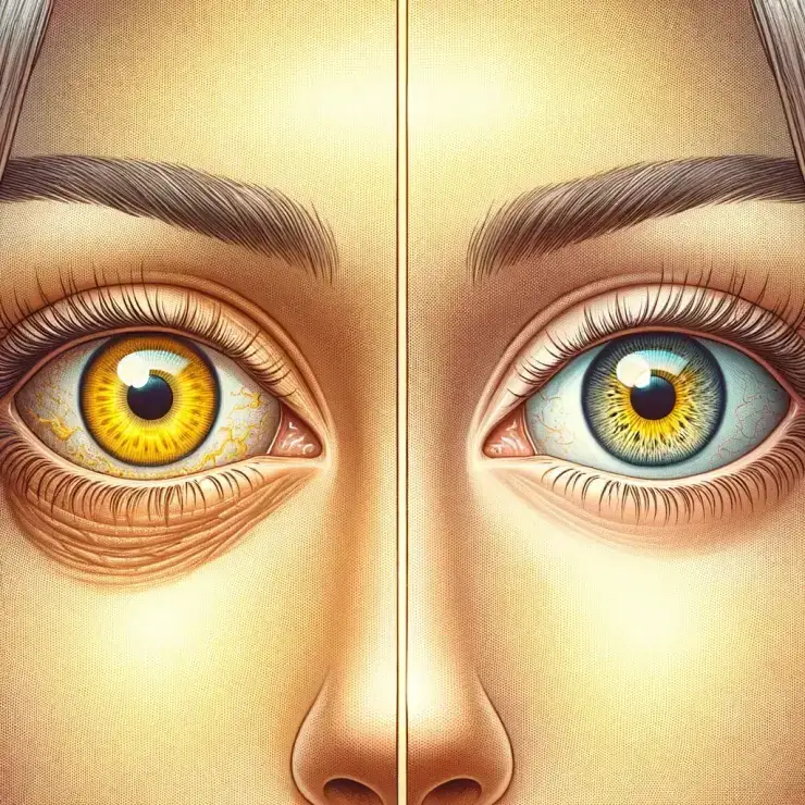 An illustrative comparison of two people's eyes: one side depicting a person with yellowish eye whites, representing poor eye health, and the other side showing a person with bright, clear eyes, symbolizing good eye health from consuming perilla oil. The focus is on the contrasting eye conditions, with each person's face being partially shown to emphasize the difference in their eye health. The illustration should be informative and visually distinct to highlight the impact of perilla oil on eye health.