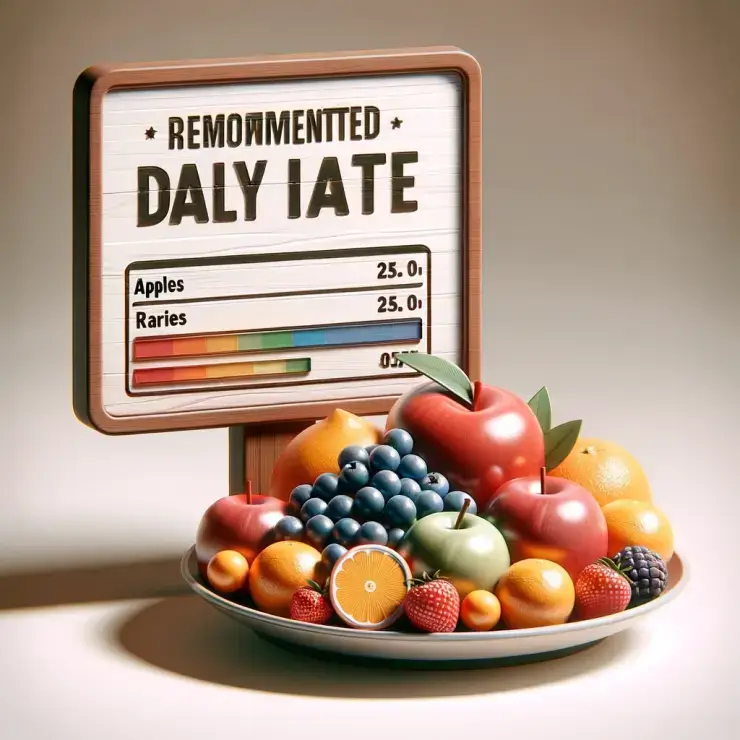 An image visually representing the recommended daily intake of fruits. The scene includes a plate filled with an appropriate amount of various fruits like apples, berries, and oranges. Next to the plate, there is a sign saying 'Recommended Daily Intake' in clear, legible letters. The background is simple and uncluttered to highlight the plate and the information sign.