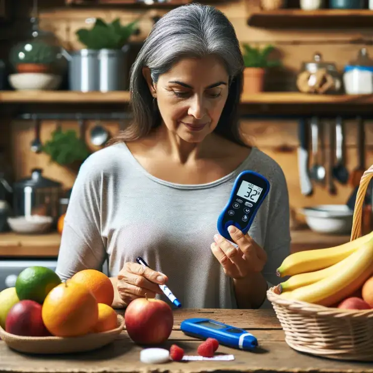 A diabetic patient selecting fresh fruits. In the background, there's a basket of fruits with nutritional information tags visible. In the foreground, a glucose meter is present. The patient is a middle-aged Hispanic woman, wearing casual clothes and carefully examining the fruits. The scene is set in a well-lit kitchen with a wooden countertop and various kitchen items neatly arranged. The nutritional information tags are detailed, showing sugar content and serving sizes.