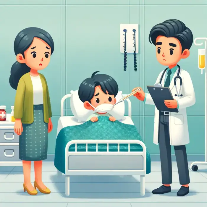 Here is the cartoon-style illustration you requested, showing a worried mother and a calm doctor attending to a child with a fever.