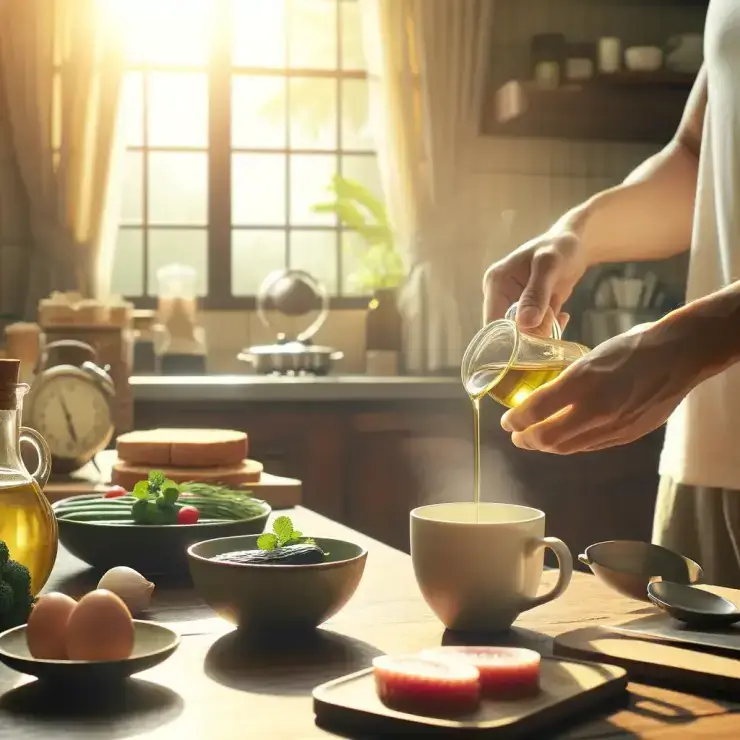 A person preparing to drink perilla oil from a small cup, with a background atmosphere that suggests it's morning. The scene includes a kitchen table with a cup of perilla oil, morning sunlight streaming through a window, and a breakfast setting with healthy food items. The person is shown in the process of pouring perilla oil into the cup, indicating a health-conscious morning routine.