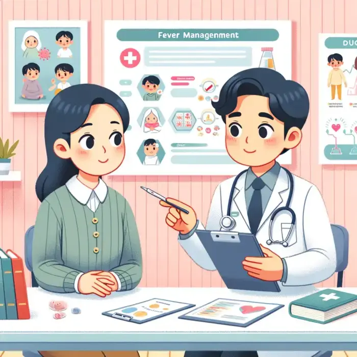 Here is the cartoon-style illustration showing a mother learning about her child's health and receiving expert advice on fever management from a healthcare professional.