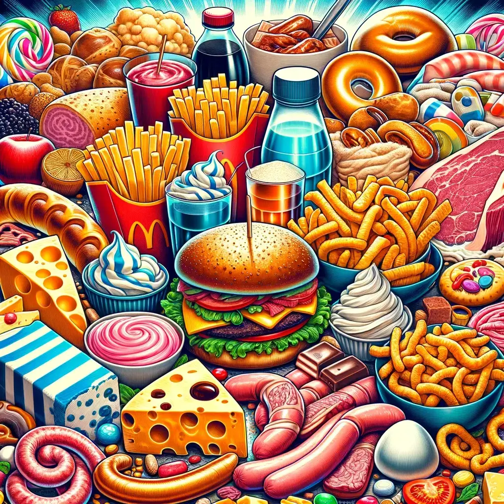 foods that are harmful for cholesterol levels. The image should prominently feature processed meats, fast food items, high-fat dairy products, and sugary snacks. The scene should include a variety of these items, such as burgers, fries, sausages, cheese, ice cream, and candy bars, displayed in an eye-catching and vivid manner. The composition should effectively communicate the message that these foods can negatively impact cholesterol levels.