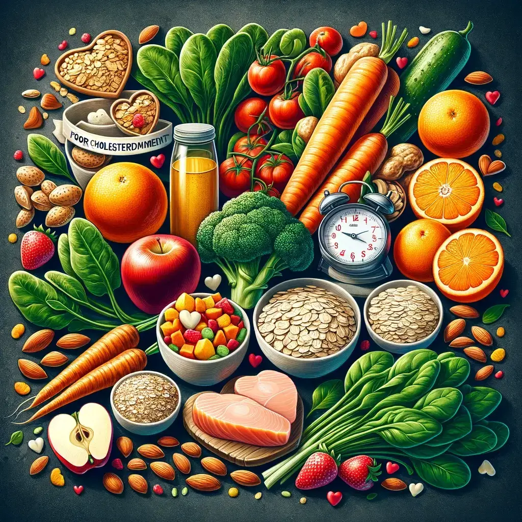 An image showcasing healthy foods beneficial for cholesterol management. The illustration should include a variety of fruits, vegetables, whole grains, nuts, and sources of low-fat protein. These items should be arranged in a visually appealing manner, with vibrant colors and a composition that conveys a sense of health and wellbeing. The scene might feature apples, oranges, spinach, carrots, oats, almonds, and grilled chicken, arranged in a harmonious and nutritious display.