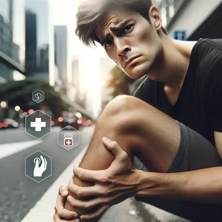 A person with a worried expression is sitting on the curb of a blurred urban street, holding their ankle. The image captures the texture of the skin and the details of the expression in a calm and serious tonality of realism. In the background, subtly incorporate elements that suggest medical consultation, like a distant hospital sign and medical app icons. Emphasize the person's concern and the urban environment's hazy atmosphere.