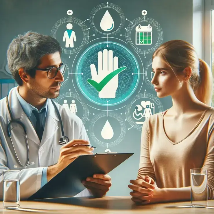 a diverse doctor and patient in a consultation, accompanied by icons representing medical advice