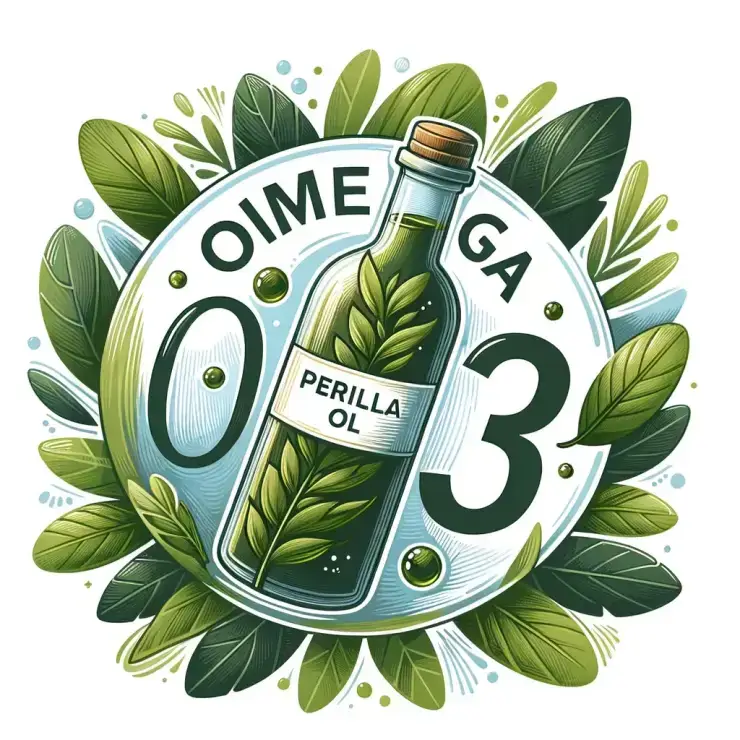 A creative illustration featuring a bottle filled with perilla oil in the center, surrounded by the word 'omega-3' in a style that complements the bottle, conveying a healthy and harmonious atmosphere. The background should be light and refreshing, with subtle hints of green and blue to symbolize health and vitality.