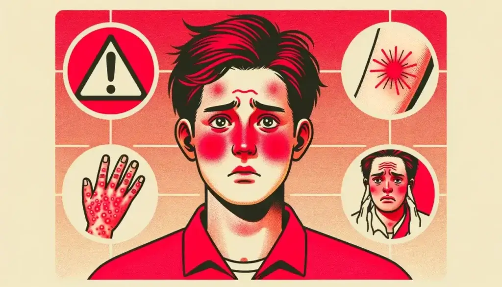 A panel depicting the adverse effects of a procedure with visible skin issues and warning symbols