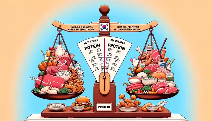 대부분의 한국인이 권장량보다 많은 단백질을 섭취하고 있다는 내용을 담은 가로형 이미지가 생성되었습니다. 이 이미지는 한쪽에 한국에서 일반적으로 많이 먹는 소고기, 돼지고기, 닭고기, 생선과 같은 단백질이 풍부한 음식들로 과부하된 저울을, 다른 쪽에는 권장 단백질 섭취량을 보여주는 간단한 가이드나 미터를 특징으로 합니다. 스타일은 시각적으로 매력적이고 이해하기 쉬우며, 식단의 균형 개념을 강조합니다. 한국 문화적 요소를 배경에 포함하여 한국 관객과의 공감대를 형성합니다. 전체적인 톤은 교육적이며 더 나은 식단 선택을 장려합니다.