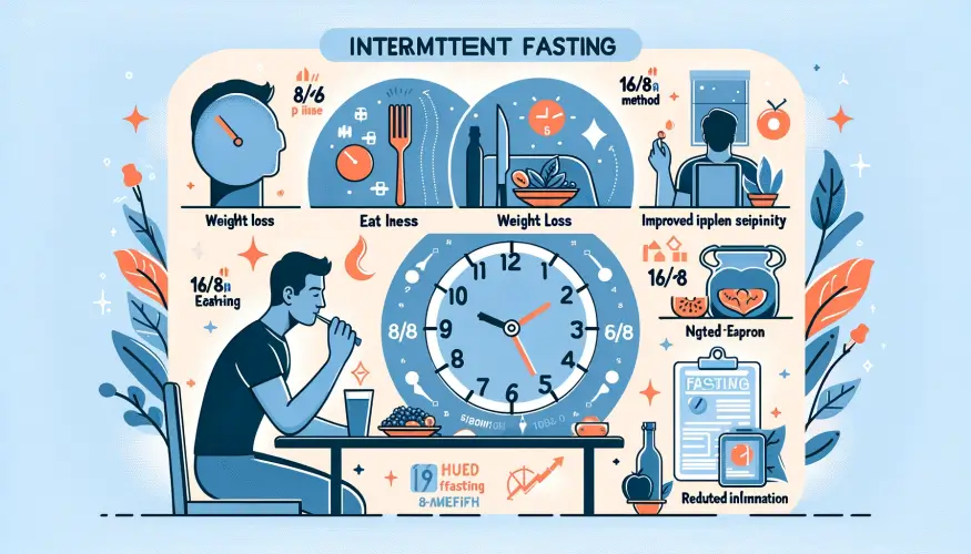 간헐적 단식의 방법과 혜택을 보여주는 그림. 한쪽은 8시간 동안 음식을 섭취하고 16시간 동안 단식하는 사람을 보여주고, 다른 쪽은 체중 감소, 인슐린 민감성 개선, 염증 감소 등 간헐적 단식의 장점을 강조함.