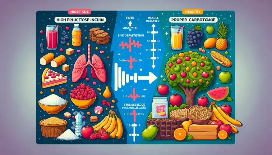 과당과 탄수화물 섭취의 영향을 보여주는 그림. 한쪽은 고과당 식품과 인슐린 저항성, 지방간을 보여주고, 다른 한쪽은 건강한 전곡류, 과일, 채소가 포함된 식단으로 안정적인 혈당을 보여줌.