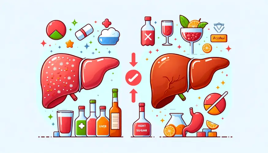 지방간 예방을 나타내는 그림. 한쪽은 고당 식품과 알코올 섭취로 인해 지방간이 생긴 비정상적인 간을 보여주고, 다른 한쪽은 균형 잡힌 식단과 규칙적인 운동, 제한된 알코올 섭취로 건강한 간을 보여줌.