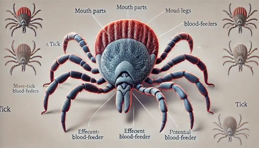 진드기의 현미경 뷰. 입 부분과 다리를 강조하여 보여주며, 효율적인 흡혈과 잠재적 질병 매개체로서의 주요 특징을 라벨로 표시.