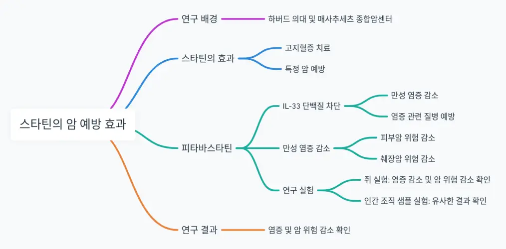 피타바스타틴의 암예방 효과를 보여주는 마인드맵