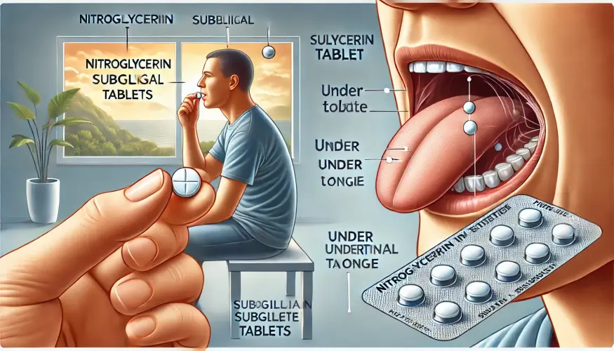 니트로글리세린 설하정의 사용법을 보여주는 가로형 이미지를 생성했습니다. 이미지에서는 니트로글리세린 설하정을 혀 밑에 놓고 녹이는 장면을 상세히 묘사하고 있으며, 주요 부분에 대한 레이블도 포함되어 있습니다.