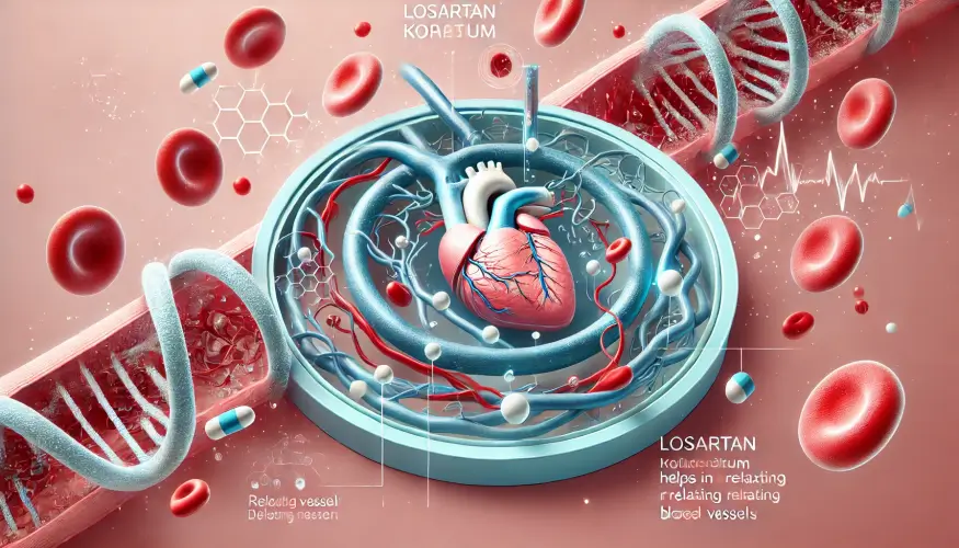 로사르탄 칼륨이 혈관을 확장시키는 작용 기전을 보여주는 이미지입니다. 이 이미지는 로사르탄이 혈압을 낮추는 원리를 시각적으로 설명합니다.