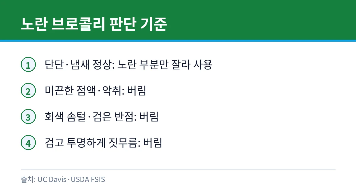 브로콜리 노랗게 변하면 먹어도 될까: 보관 온도·세척 3 노란 브로콜리 먹어도 되는지 판단 기준 카드