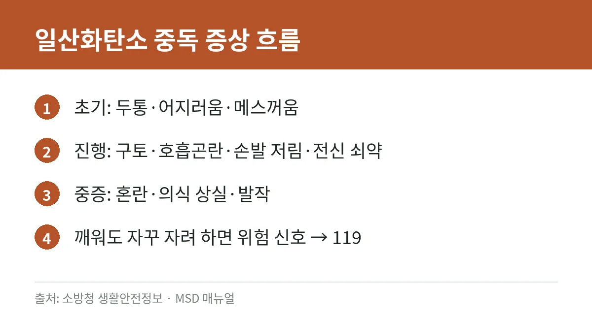 일산화탄소 중독 증상이 초기에서 중증으로 진행하는 흐름을 정리한 카드
