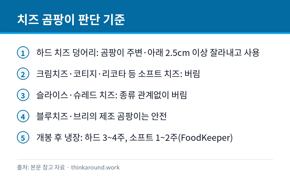 치즈 곰팡이 잘라내고 먹어도 될까: 하드·소프트 치즈 구별 2 치즈 종류별 곰팡이 대처법과 보관 기간을 정리한 카드