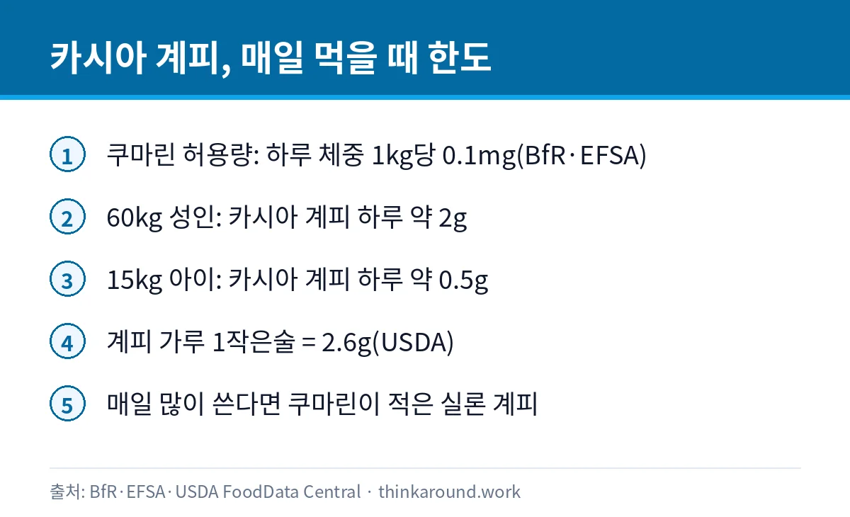 계피 많이 먹어도 될까: 쿠마린 하루 허용량과 수정과 3 카시아 계피를 매일 먹을 때 체중별 한도와 계피 가루 1작은술 무게를 정리한 인포그래픽
