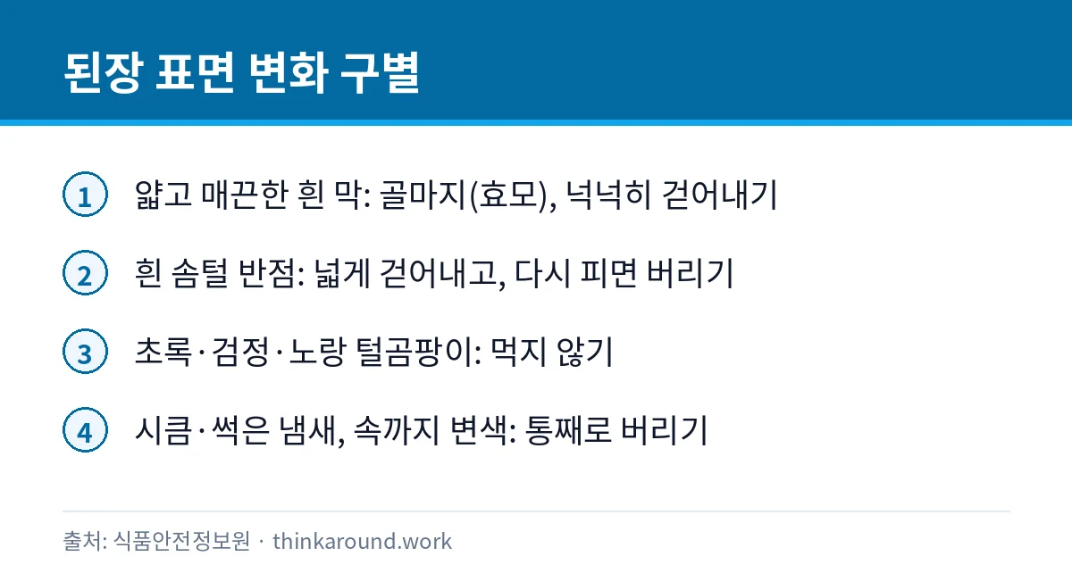 된장 곰팡이 걷어내고 먹어도 될까: 흰 막·색깔 곰팡이 구별과 보관 2 된장 표면의 흰 막과 곰팡이를 구별하고 처리하는 기준을 정리한 카드