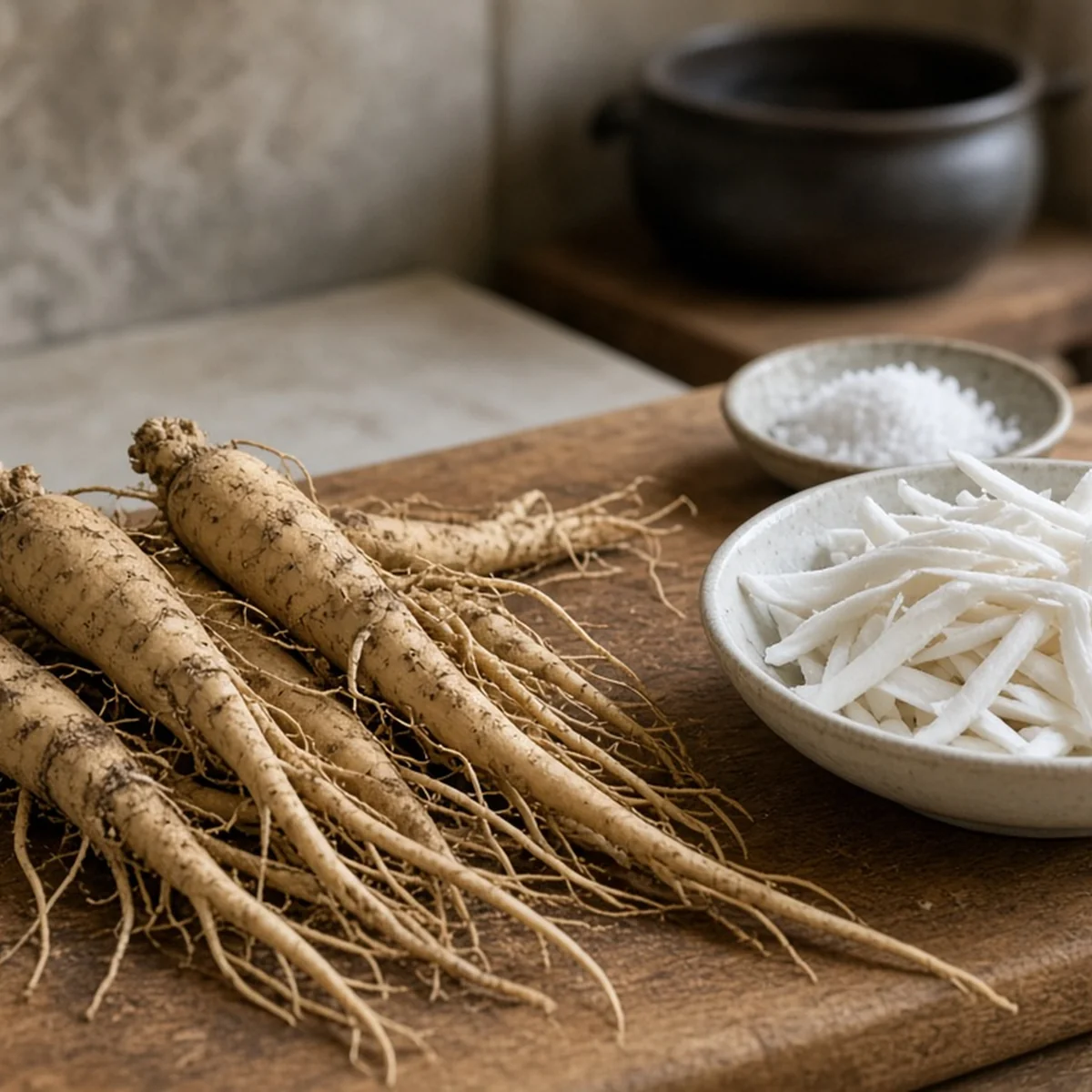 도마 위 흙 묻은 통도라지와 그릇에 담긴 손질한 흰 도라지, 소금 종지
