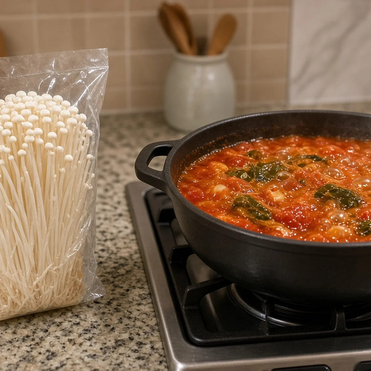 포장된 흰 팽이버섯과 끓고 있는 찌개 냄비