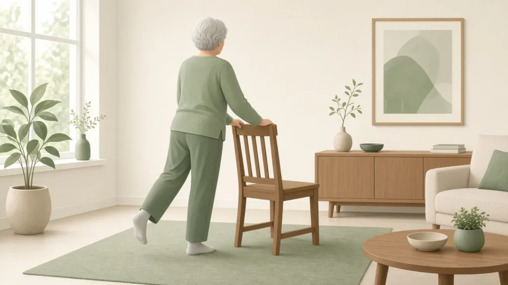 노인 낙상 예방: 집 안 점검 체크리스트, 낙상 위험 요인, 넘어진 뒤 확인할 것 (질병관리청 자료) 6 어르신이 튼튼한 의자 등받이를 잡고 낙상 예방 균형 운동을 하는 뒷모습 일러스트