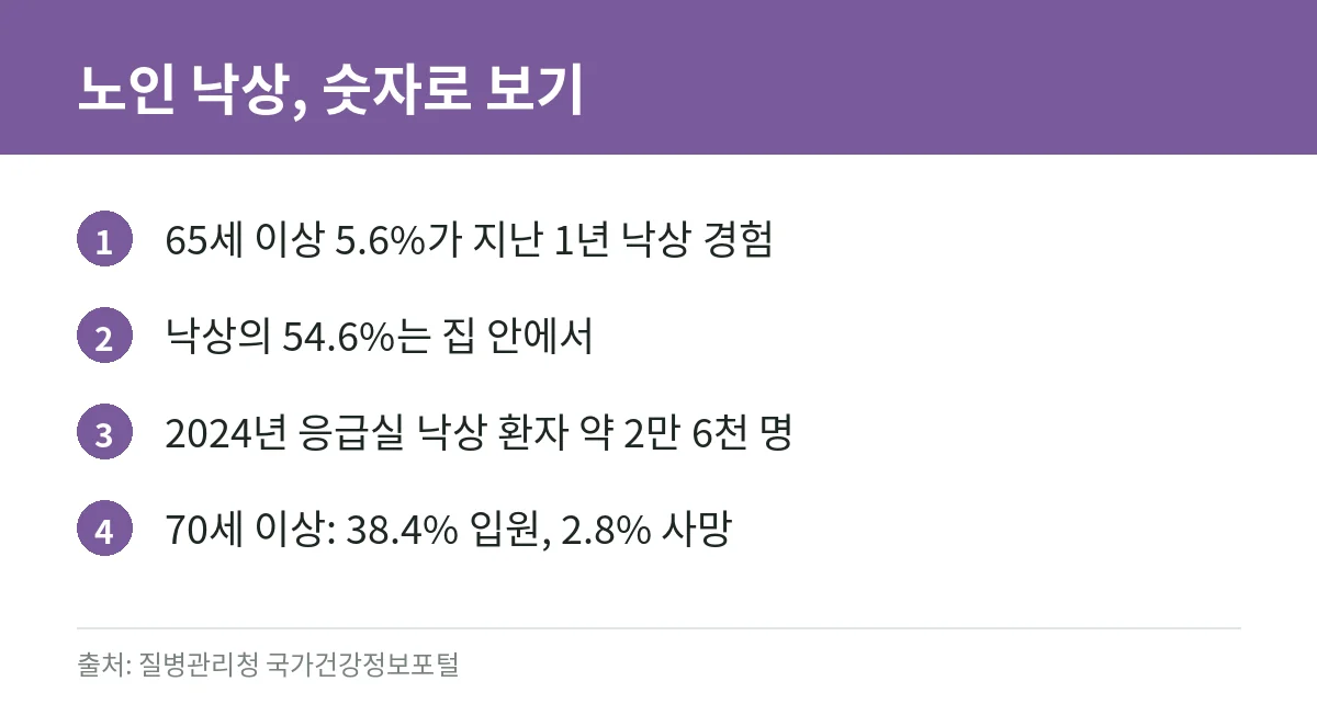 노인 낙상 예방: 집 안 점검 체크리스트, 낙상 위험 요인, 넘어진 뒤 확인할 것 (질병관리청 자료) 2 노인 낙상 통계 카드