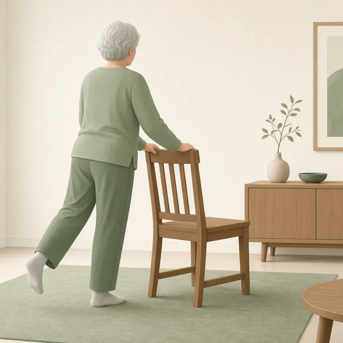 노인 낙상 예방: 집 안 점검 체크리스트, 낙상 위험 요인, 넘어진 뒤 확인할 것 (질병관리청 자료) 8 어르신이 튼튼한 의자 등받이를 잡고 낙상 예방 균형 운동을 하는 뒷모습 일러스트(‘노인 낙상 예방’ 글 대표 이미지)