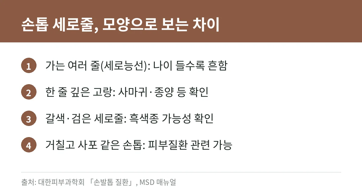 손톱 세로줄, 정상일까? 원인과 진료가 필요한 세로줄 구별법 2 손톱 세로줄의 모양에 따른 차이를 정리한 카드