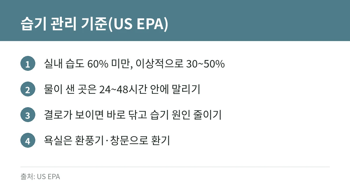 반지하·원룸 곰팡이: 건강에 미치는 영향, 습도 관리와 안전하게 청소하는 법, 세입자가 확인할 것 3 실내 습도와 결로 관리 기준 카드