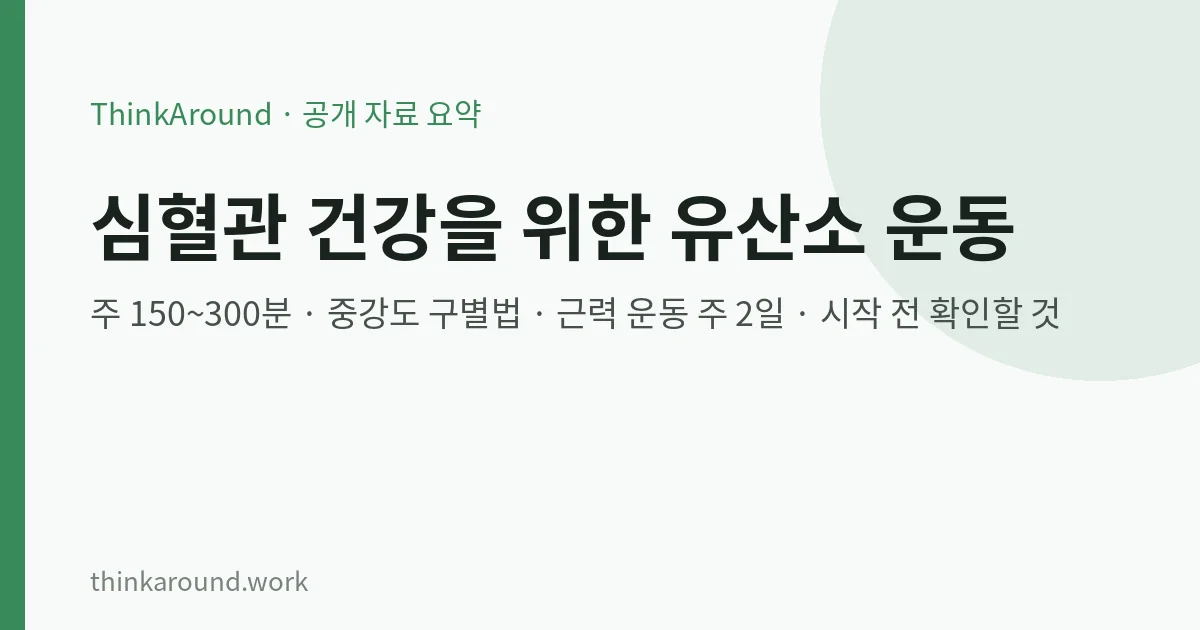 심혈관 건강을 위한 유산소 운동, 얼마나 해야 할까: 주 150~300분 기준, 중강도 구별법, 근력 운동과 함께 하는 법, 시작 전 확인할 것 6 유산소 운동 권장량 요약 이미지