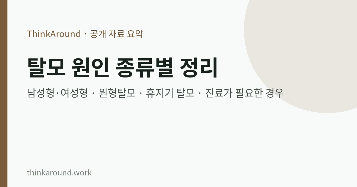 탈모 원인 종류별 정리: 남성형·여성형 탈모, 원형탈모, 휴지기 탈모 구별법과 진료가 필요한 경우 8 탈모 원인 종류별 요약 이미지