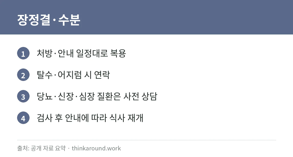 대장내시경 전 음식, 준비 단계에서 흔히 안내되는 원칙 4 장정결·수분 주의 카드